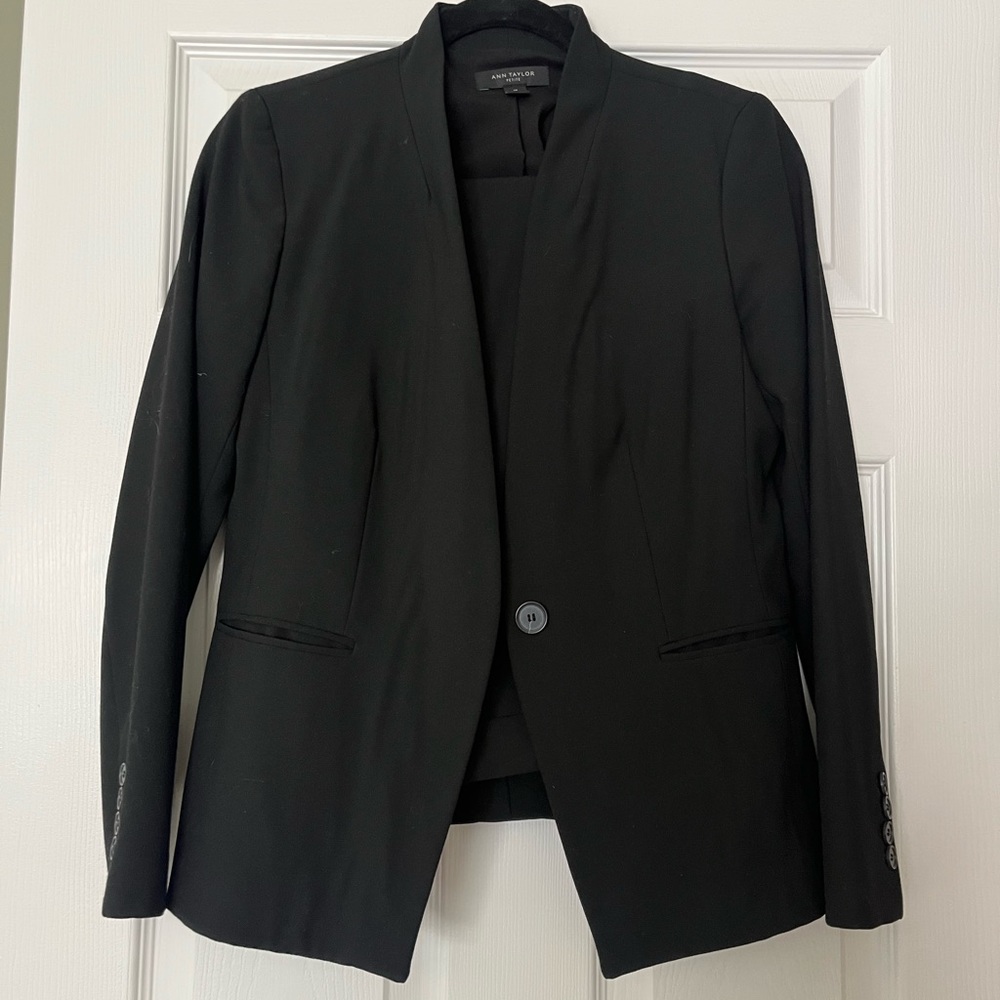 Ann Taylor petite black suit with collarless blazer